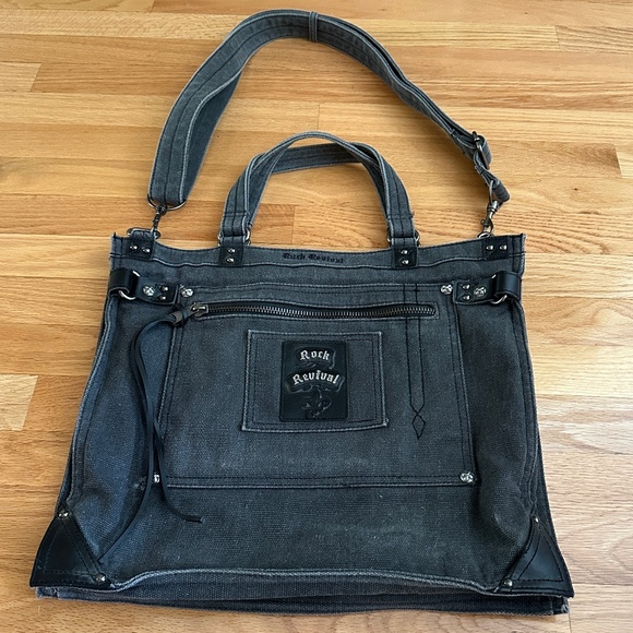 Rock Revival Gray Black Canvas Denim Messenger Bag Tote Bag